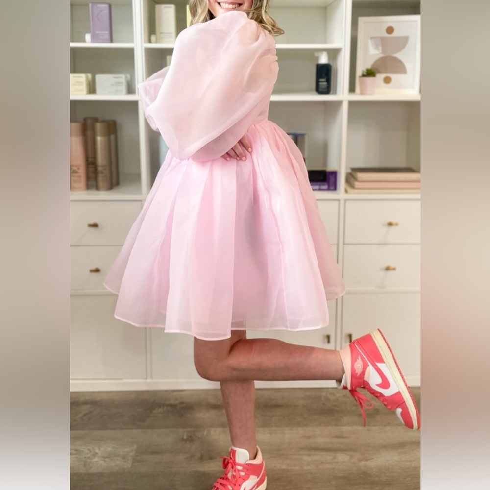 Selkie Pale Pink Mini Dress with Sheer Puff Sleeves